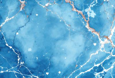 The primary subject of the image is a blue marble surface with a pattern of hearts. The setting is a blue marble wall, and the visual style is a close-up of the marble surface. The dominant colors are blue and white, creating a calm and serene atmosphere.