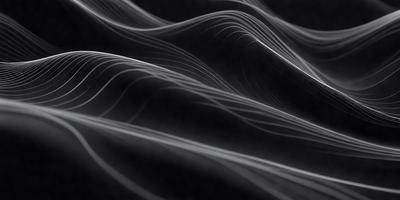 The primary subject of the image is a black and white pattern of waves. The setting is a dark background, which contrasts with the waves, creating a visually striking scene. The visual style is a combination of a photo and digital art, as the waves are depicted in a way that resembles a painting or drawing. The colors and mood of the image are predominantly black and white, with a sense of depth and texture created by the interplay of light and shadow.