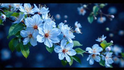 The primary subject of the image is a beautiful blue flower with a yellow center, surrounded by green leaves. The setting is a dark blue background, which creates a striking contrast with the vibrant colors of the flower. The visual style is a close-up of the flower, showcasing its details and beauty. The colors and mood of the image are serene and calming, with the blue flower and green leaves evoking a sense of tranquility and natural beauty.