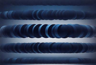 The primary subject of the image is a series of black and blue circles arranged in a row. The setting is a white background, which contrasts with the dark circles. The visual style appears to be a digital art or illustration, as the circles are arranged in a pattern. The dominant colors are black and blue, creating a moody and dramatic atmosphere.