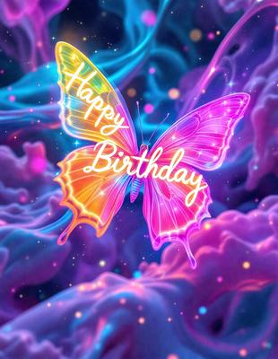 Happy Birthday: [The main object, scene, or focus of the image is a colorful butterfly with the words "Happy Birthday" written on it. The setting is a purple background, and the visual style is a digital art or illustration. The dominant colors are purple, pink, and yellow, creating a warm and celebratory atmosphere.]