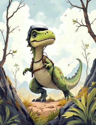 Primary subject: A cartoon dinosaur with a backpack on, standing on a dirt path.

Setting/background: The dinosaur is standing in a grassy area with trees in the background.

Visual style: The image is a digital art illustration.

Colors and mood: The colors are predominantly green and brown, giving the image a natural and earthy feel.