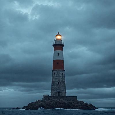The primary subject of the image is a lighthouse, which is a tall structure with a bright light on top. The lighthouse is situated on a rocky island, surrounded by water. The setting is a cloudy sky, which adds to the overall atmosphere of the scene. The visual style of the image is a photo, capturing the lighthouse and its surroundings in a realistic manner. The colors in the image are predominantly dark and moody, with the lighthouse's light being the main