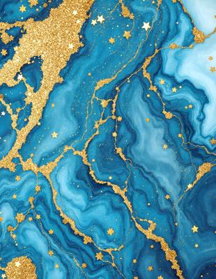 The primary subject of the image is a blue and gold star-filled background. The setting is a blue and gold star-filled background, which creates a unique and visually appealing environment. The visual style of the image is a combination of digital art and illustration, giving it a modern and artistic appearance. The dominant colors in the image are blue and gold, creating a sense of depth and richness.