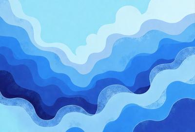 The primary subject of the image is a blue ocean with waves. The setting is a cloudy sky, which serves as the backdrop for the ocean. The visual style is a combination of digital art and illustration, creating a unique and artistic representation of the ocean and sky. The dominant colors are blue and white, with the blue ocean and white clouds creating a serene and calming atmosphere.
