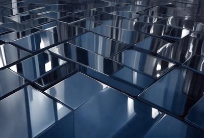 The primary subject of the image is a large, reflective surface, possibly a glass wall or a mirror. The setting is a room with a window, and the visual style appears to be a photo or a digital artwork. The colors in the image are predominantly blue, creating a calm and serene atmosphere.