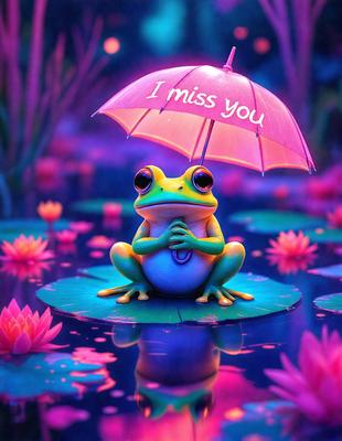The primary subject of the image is a green frog sitting on a pink flower. The setting is a pond with purple flowers surrounding the frog. The visual style is a digital art illustration, creating a whimsical and colorful scene. The dominant colors are purple and pink, giving the image a vibrant and cheerful atmosphere.