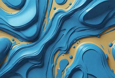 The primary subject of the image is a blue and yellow painting featuring a wavy, flowing design. The setting is a blue background, and the visual style appears to be a digital art or illustration. The dominant colors in the painting are blue and yellow, creating a vibrant and lively atmosphere.
