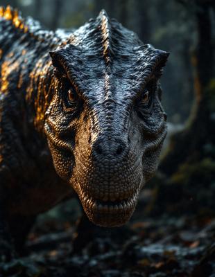 The primary subject of the image is a close-up of a dinosaur's face, with its mouth open. The setting is a forest, and the visual style appears to be a photo. The dominant colors in the image are green and brown, creating a natural and earthy atmosphere.