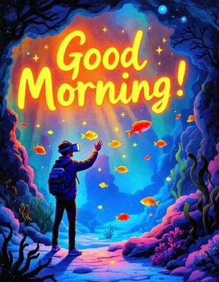 The primary subject of the image is a man wearing a backpack, standing in a brightly colored, surreal environment. The setting appears to be a combination of a forest and a futuristic city, with a mix of fish and stars in the background. The visual style is a digital art or illustration, creating a vibrant and imaginative atmosphere. The colors and mood are lively and energetic, with a sense of wonder and exploration.