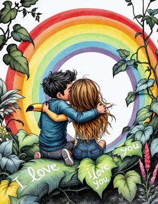 The primary subject of the image is a boy and a girl sitting together in a forest. They are embracing each other, and the girl has her head on the boy's shoulder. The setting is a forest with a rainbow in the background, creating a colorful and lively atmosphere. The visual style is a hand-drawn illustration, giving the image a unique and artistic appearance. The colors and mood are vibrant and joyful, reflecting the love and connection between the two characters.