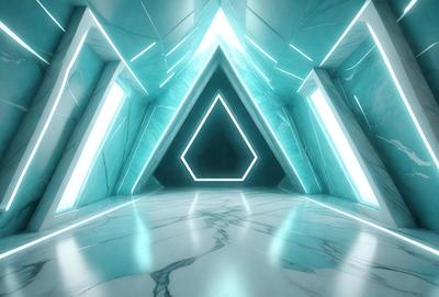 The primary subject of the image is a large, open, and empty room with a blue and white color scheme. The room features a large, open doorway with a blue and white design, and the walls are adorned with blue and white geometric patterns. The setting appears to be a futuristic or modern environment, possibly a lobby or a public space. The visual style of the image is a combination of photo and digital art, creating a unique and captivating atmosphere. The colors and mood of the room are calm
