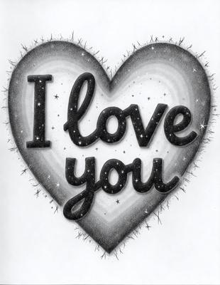 The primary subject of the image is a heart-shaped sign that says "I love you." The setting is a black background, and the visual style is a combination of digital art and illustration. The heart is filled with stars, and the overall atmosphere is warm and affectionate.