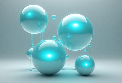 The primary subject of the image is a group of three blue, transparent, and shiny balls. They are floating in a blue background, giving the impression of being in a vacuum. The visual style of the image is digital art, as the balls are depicted in a 3D manner. The colors and mood of the image are predominantly blue, creating a calm and serene atmosphere.