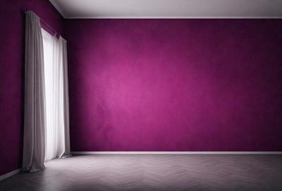 The primary subject of the image is a purple wall with a white curtain. The setting is a room with a purple wall and a white curtain. The visual style is a photo, and the colors and mood are predominantly purple and dark.