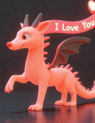 The primary subject of the image is a toy dragon figurine. The setting is a dark background, which contrasts with the bright colors of the dragon. The visual style is a combination of digital art and illustration, creating a unique and eye-catching design. The colors and mood of the image are predominantly orange and pink, giving the dragon a warm and friendly appearance.