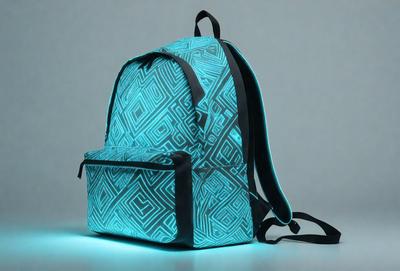 The primary subject of the image is a blue and white backpack. The backpack is placed on a white surface, which serves as the background. The visual style of the image is a photo, showcasing the backpack's design and colors. The dominant colors in the image are blue and white, creating a clean and modern atmosphere.