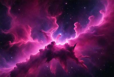 The primary subject of the image is a pink nebula, which is a cloud of gas and dust in space. The setting is a dark, starry sky, with the nebula being the main focus of the image. The visual style is a combination of a photo and digital art, creating a unique and captivating representation of the nebula. The colors and mood of the image are predominantly pink, giving it a warm and serene atmosphere.