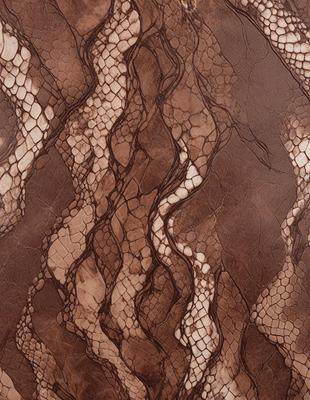 The primary subject of the image is a brown leather surface with a pattern of swirls and curves. The setting is a close-up of the leather, showcasing its texture and design. The visual style is a close-up of the leather, which gives it a realistic and textured appearance. The colors and mood of the image are predominantly brown, giving it a warm and natural feel.