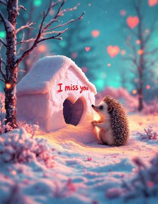 Primary subject: A small hedgehog standing in front of a snow-covered house.

Setting/background: The hedgehog is standing in a snowy field, with a snow-covered house nearby.

Visual style: The image is a digital art or illustration.

Colors and mood: The image has a warm and cozy atmosphere, with the snow-covered house and the hedgehog creating a sense of comfort and familiarity.