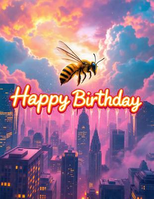 Happy Birthday: [The main object, scene, or focus of the image is a bee flying in front of a city skyline.]

Setting/background: [The environment, backdrop, or surface visible is a city skyline with buildings.]

Visual style: [The image is a digital art or illustration.]

Colors and mood: [The dominant colors are pink and purple, creating a warm and celebratory atmosphere.]