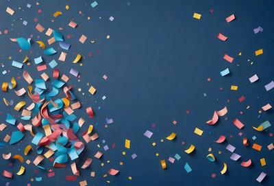 The primary subject of the image is a close-up of a colorful confetti explosion. The confetti is scattered all over the scene, creating a vibrant and lively atmosphere. The setting is a blue background, which contrasts well with the colorful confetti. The visual style of the image is a combination of photo and digital art, as it captures the vivid colors and dynamic movement of the confetti. The overall mood of the image is joyful and celebratory, as the confetti represents a fest