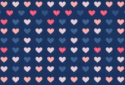 The primary subject of the image is a pattern of hearts, which are arranged in a blue background. The hearts come in various sizes and are scattered throughout the pattern. The visual style of the image is a combination of digital art and illustration, creating a unique and eye-catching design. The dominant colors in the image are blue and pink, which contribute to a warm and inviting atmosphere.