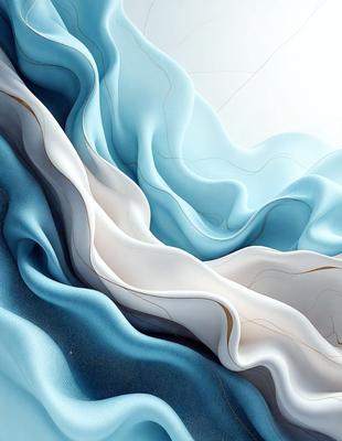The primary subject of the image is a blue and white fabric, which appears to be a piece of clothing or a textile material. The setting is a white background, which provides a clean and minimalist appearance. The visual style is a digital art or illustration, as the fabric is depicted in a detailed and artistic manner. The colors and mood of the image are predominantly blue and white, creating a calm and serene atmosphere.