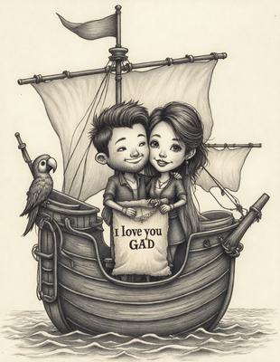 The primary subject of the image is a man and a woman standing together on a boat. They are posing for a picture, and the woman is holding a bag. The setting is a boat, and the visual style is a hand-drawn illustration. The colors and mood of the image are warm and inviting, with the couple enjoying their time on the boat.
