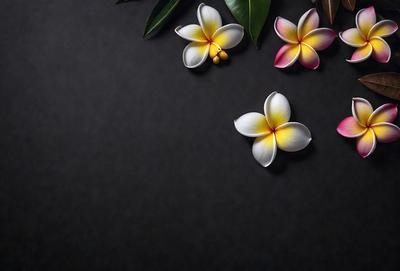 The primary subject of the image is a close-up of three white flowers with yellow centers. The flowers are placed on a dark background, which contrasts with the bright colors of the flowers. The visual style of the image is a photo, capturing the beauty of the flowers in detail. The colors and mood of the image are predominantly white and yellow, creating a sense of freshness and natural beauty.