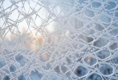 The primary subject of the image is a close-up of a frozen branch with ice crystals on it. The setting is a winter landscape, with the branch being the main focus of the scene. The visual style is a combination of a photo and digital art, as the branch appears to be a part of a larger pattern or texture. The colors and mood of the image are predominantly white and cold, reflecting the winter season and the frozen state of the branch.