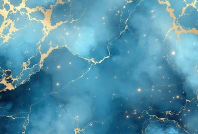 The primary subject of the image is a blue and gold background with a pattern of stars. The setting is a blue and gold wallpaper, which creates a unique and visually appealing environment. The visual style is a combination of digital art and illustration, giving the image a modern and artistic appearance. The dominant colors are blue and gold, creating a sense of warmth and sophistication.