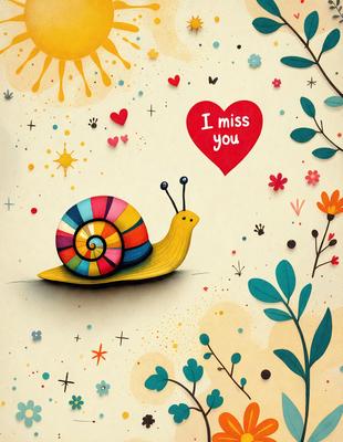 Primary subject: A colorful cartoon snail.

Setting/background: A colorful, patterned background with flowers and hearts.

Visual style: Digital art.

Colors and mood: The image is bright and cheerful, with a mix of vibrant colors and a playful, whimsical atmosphere.
