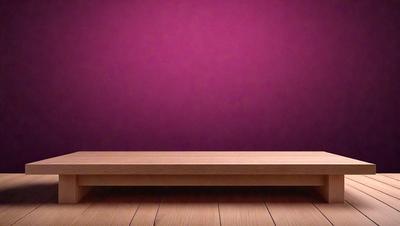 The primary subject of the image is a wooden bench. The setting is a purple wall, which serves as the backdrop for the bench. The visual style is a photo, capturing the wooden bench in its natural environment. The colors and mood of the image are predominantly purple, creating a calm and serene atmosphere.