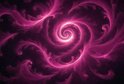 The primary subject of the image is a large, swirling, pink spiral pattern. The setting is a dark background, which contrasts with the vibrant pink color of the spiral. The visual style appears to be a combination of digital art and illustration, creating a unique and eye-catching design. The dominant colors are pink and purple, giving the image a warm and inviting atmosphere.