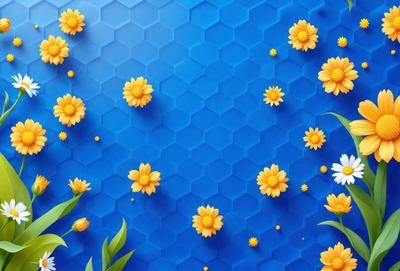 The primary subject of the image is a blue background with yellow flowers scattered across it. The setting appears to be a blue hexagonal pattern, which adds a unique visual style to the scene. The flowers are the main focus of the image, and their vibrant yellow color creates a lively and cheerful atmosphere.
