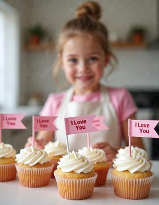 The primary subject of the image is a young girl standing in a kitchen, smiling and holding a pink flag. She is surrounded by several cupcakes, which are placed on a dining table. The setting is a kitchen, and the visual style appears to be a photo. The colors and mood of the image are cheerful and light-hearted, with the girl's smile and the colorful cupcakes creating a warm and inviting atmosphere.