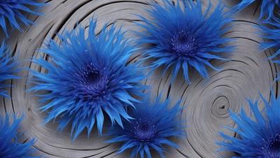 The primary subject of the image is a group of blue flowers, which are the main focus of the scene. The flowers are arranged on a wooden surface, which serves as the setting or background. The visual style of the image is a close-up of the flowers, showcasing their vibrant blue color and intricate details. The overall atmosphere of the image is serene and calming, with the blue flowers creating a sense of tranquility and beauty.