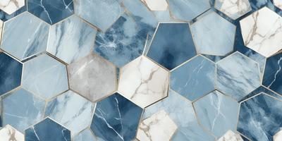 The primary subject of the image is a pattern of hexagonal tiles, which are arranged in a blue and white color scheme. The setting is a bathroom, as indicated by the presence of a blue and white marble wall. The visual style is a combination of a photo and digital art, creating a unique and intricate design. The colors and mood of the image are predominantly blue and white, giving it a clean and sophisticated appearance.
