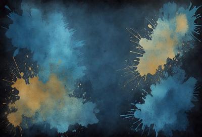 The primary subject of the image is a painting or drawing of a blue background with yellow and orange splashes. The setting appears to be a dark background, possibly a night sky. The visual style of the image is a mix of digital art and illustration, with the colors and mood creating a sense of depth and contrast.