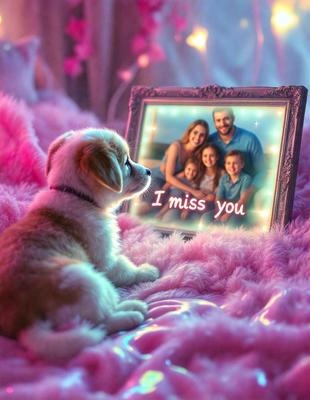 The primary subject of the image is a small dog sitting on a pink surface, looking at a picture of a family. The setting is a cozy and comfortable environment, with the dog being the main focus of the scene. The visual style is a combination of a photo and digital art, creating a warm and inviting atmosphere. The colors are predominantly pink, which adds to the overall mood of the image.