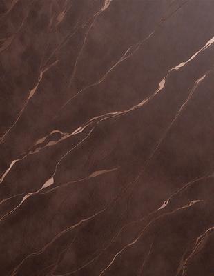 The primary subject of the image is a brown leather surface with a pattern of swirls. The setting is a room with a brown wall, and the visual style is a close-up of the leather surface. The colors and mood of the image are warm and earthy, with the brown leather being the dominant color.