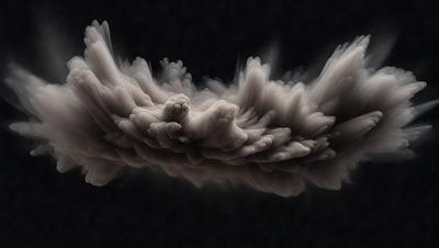 The primary subject of the image is a cloud, which is the main object, scene, or focus of the image. The setting or background is a dark, black background, which creates a dramatic and moody atmosphere. The visual style of the image is a digital art or illustration, as it appears to be a manipulated or digitally created image. The colors and mood of the image are predominantly dark and dramatic, with the cloud being the main source of visual interest.