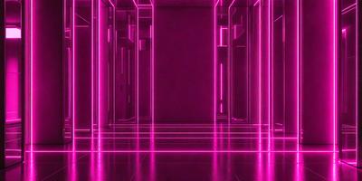 The primary subject of the image is a pink room with a purple wall. The setting is a hallway with a mirrored surface, giving the room a unique and visually striking appearance. The visual style of the image is a combination of digital art and photography, creating a vibrant and colorful atmosphere. The dominant colors in the image are pink and purple, which contribute to the overall mood of the scene.