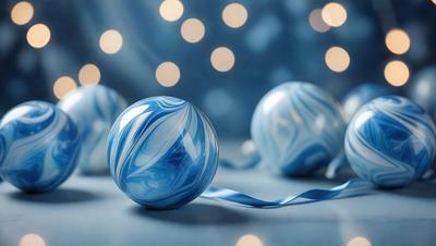 The primary subject of the image is a group of three blue glass ornaments, which are placed on a table. The setting is a table with a blue background, and the visual style is a photo. The colors and mood of the image are predominantly blue, creating a calm and serene atmosphere.