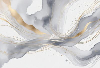 The primary subject of the image is a painting of a flowing waterfall. The setting is a white background, and the visual style is a combination of digital art and illustration. The painting features a variety of colors, including gold, gray, and white, creating a sense of depth and movement. The overall atmosphere of the painting is serene and captivating.