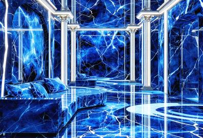 The primary subject of the image is a blue room with a blue floor and blue walls. The setting is a room with a blue floor and blue walls, and the visual style is a digital art or illustration. The colors and mood of the image are predominantly blue, creating a calm and serene atmosphere.