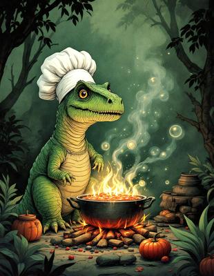 The primary subject of the image is a cartoon dinosaur, specifically a green alligator, wearing a chef's hat and standing next to a pot of food. The setting is a forest, with trees visible in the background. The visual style is a digital art illustration, giving the image a whimsical and playful atmosphere. The colors are predominantly green and orange, with the green alligator being the main focus of the image.