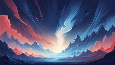The primary subject of the image is a beautiful mountain range with a sunset in the background. The setting is a vast, open landscape with a blue sky, and the visual style is a combination of digital art and illustration. The colors and mood of the image are warm and serene, with the sunset casting a golden glow over the mountains.