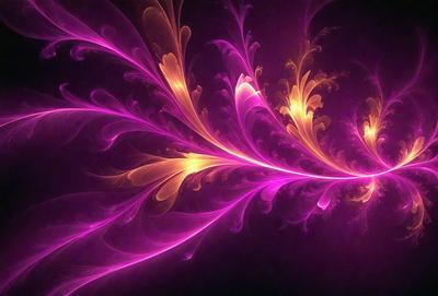 The primary subject of the image is a purple and yellow floral pattern. The setting is a dark background, which contrasts with the vibrant colors of the floral pattern. The visual style appears to be a digital art or illustration, as the floral pattern is intricately detailed and the colors are rich and saturated. The overall atmosphere of the image is lively and captivating, with the floral pattern serving as the focal point.